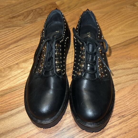 TWINSET Black Leather Gold Studded Low Combat Boots Lace Up Oxfords Size 38 7.5 - Picture 4 of 8